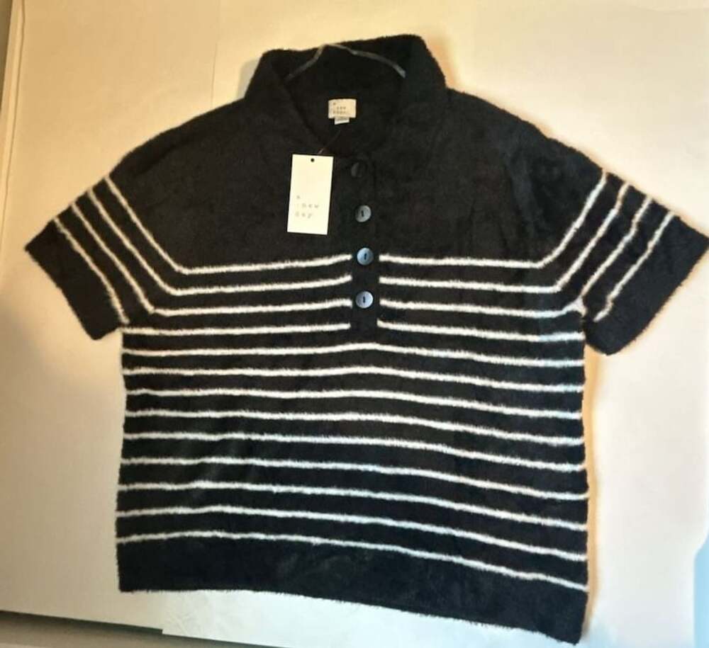 A New Day Fuzzy Striped Polo Sweater Size L Black White